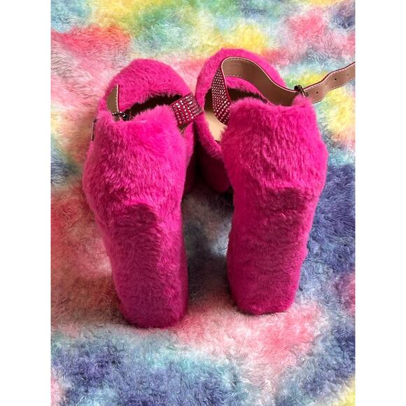 Pink Faux Fur Platform Heels with Rhinestone Straps – Size 13 - Picture 6 of 8